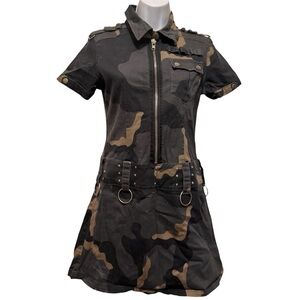 ILLIG Brand Goth Camo Black Green Mini Dress Military Sz M
